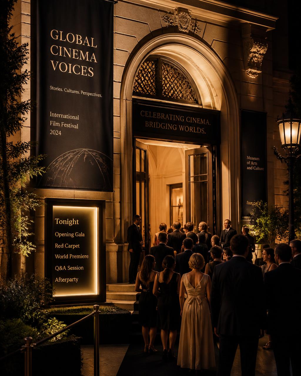 Cultural event entrance at dusk